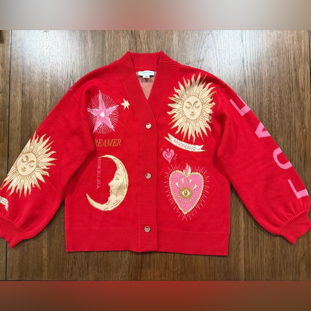 Never Fully Dressed Red Celestial Motif Cardigan - Picture 4 of 15